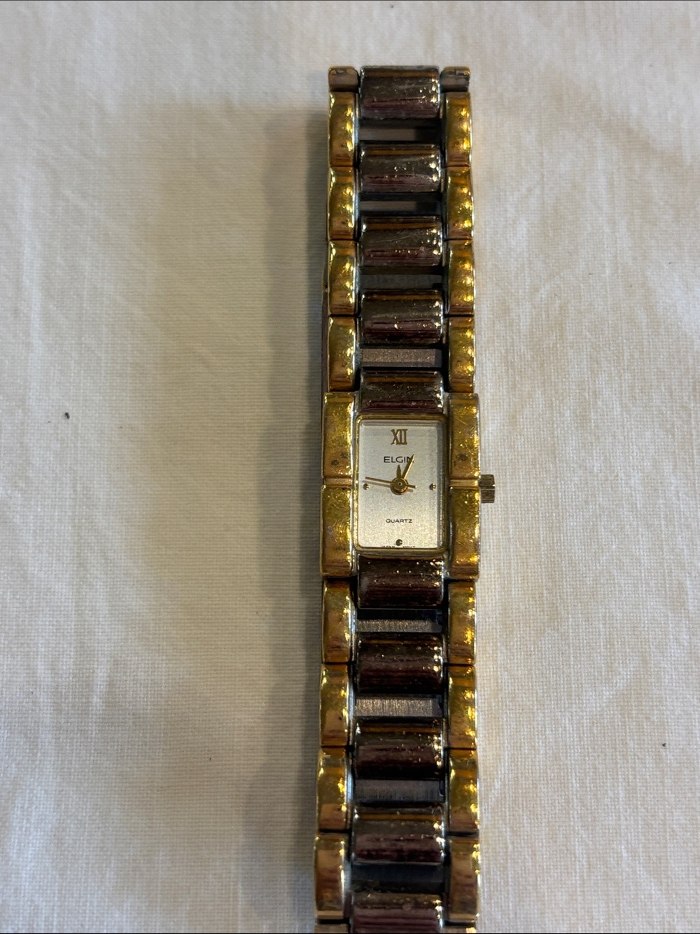 Ladies Elgin Gold and Brown Women's Rectangular Link Watch